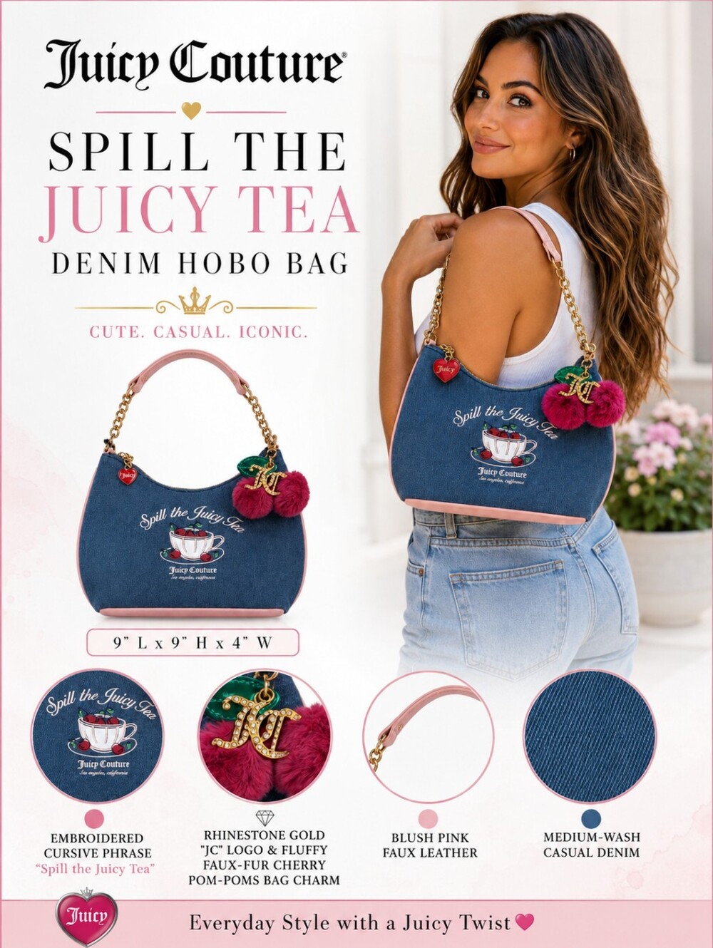 Juicy Couture Sweet Tea Party Denim Hobo Bag "Spill The Juicy Tea"